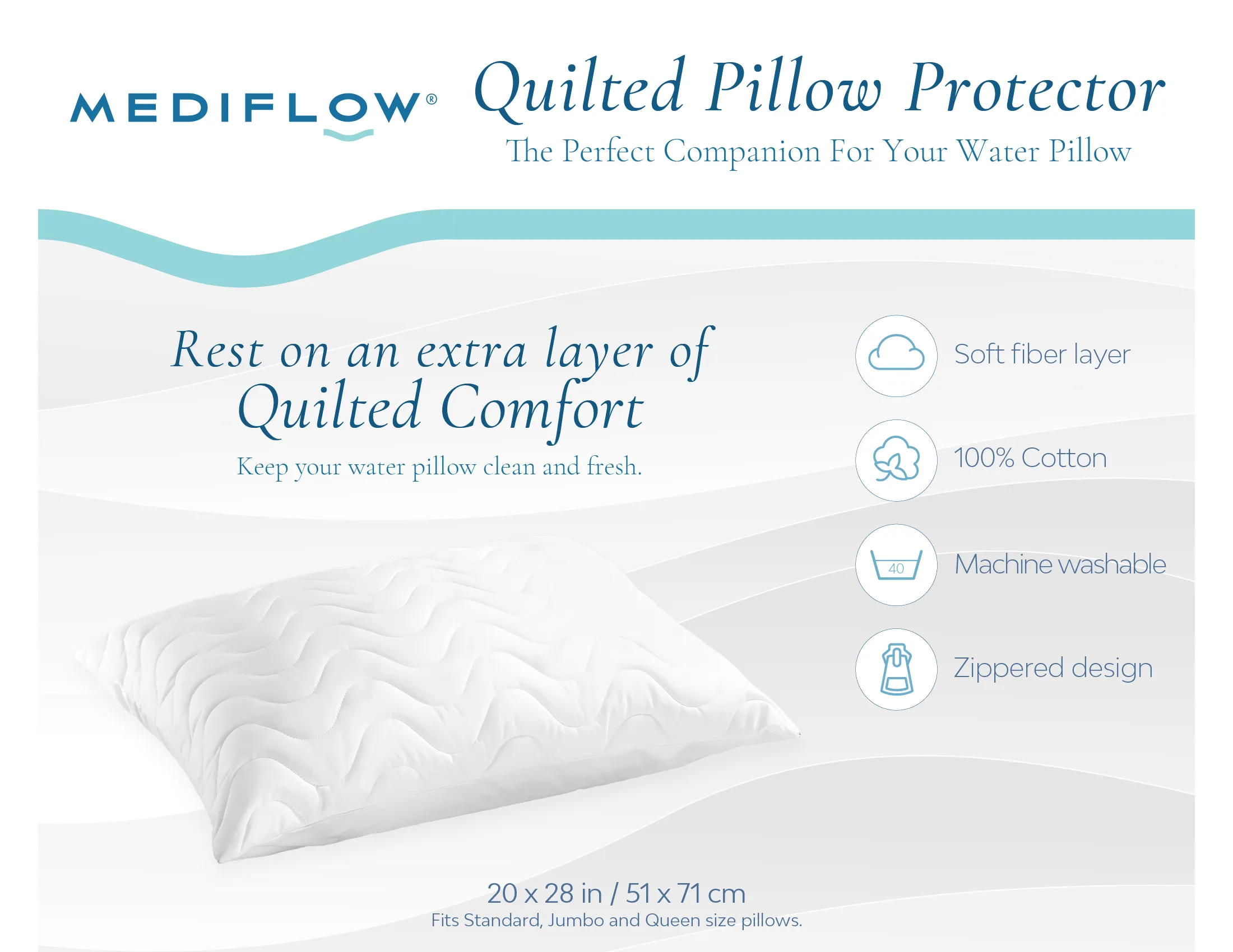 100% Cotton Quilted Pillow Protector - Give your water pillow an extra layer of comfort