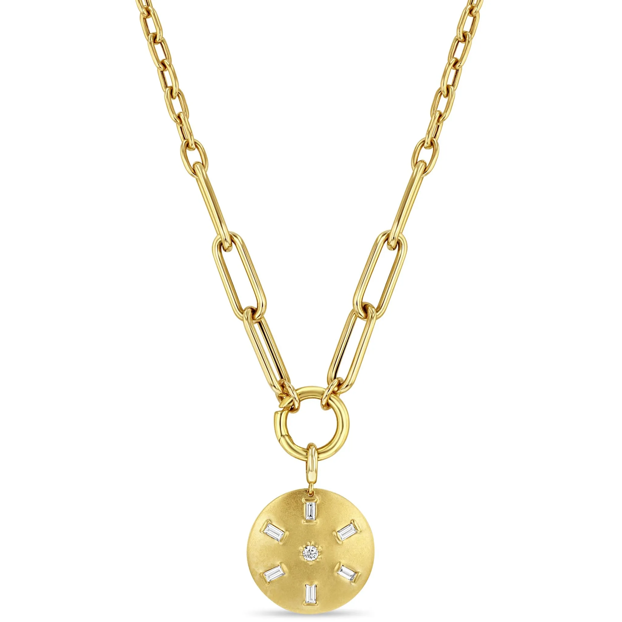 14k Baguette & Round Diamond Brushed Gold Domed Disc Mixed Chain Necklace