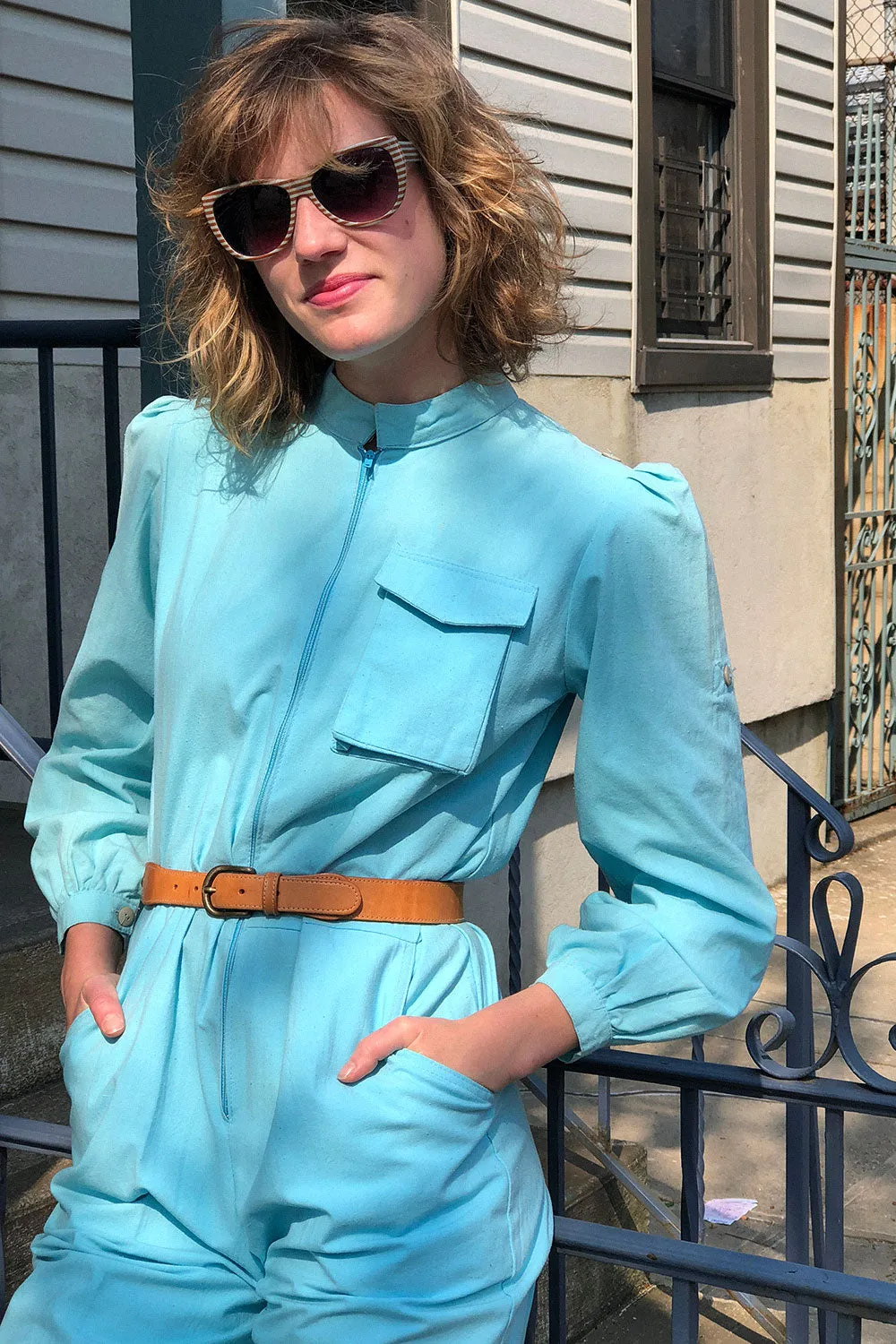 80s Sky Blue Jumpsuit S/M