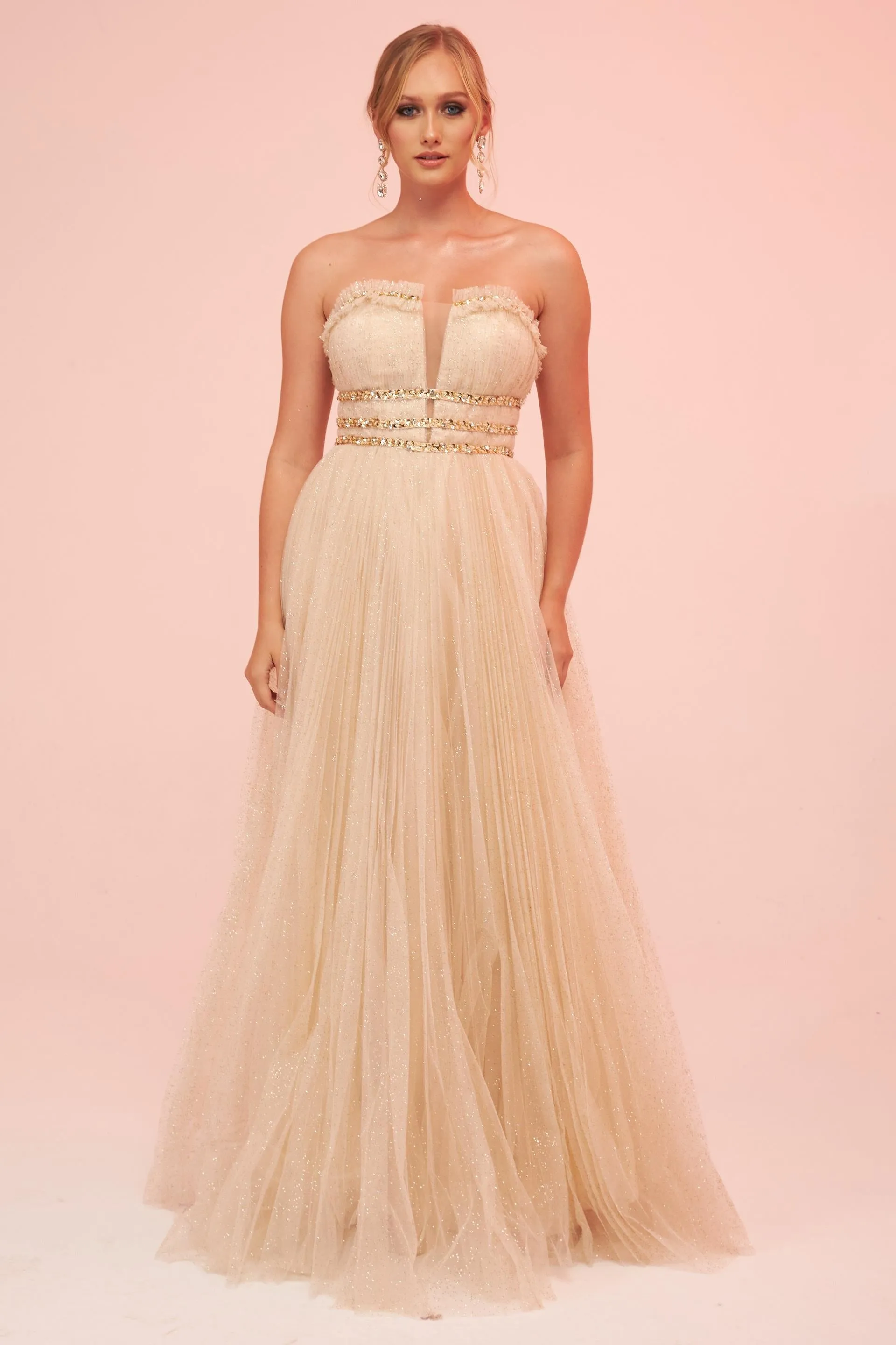 Angelino Beige Strapless Backless Tulle Engagement Dress