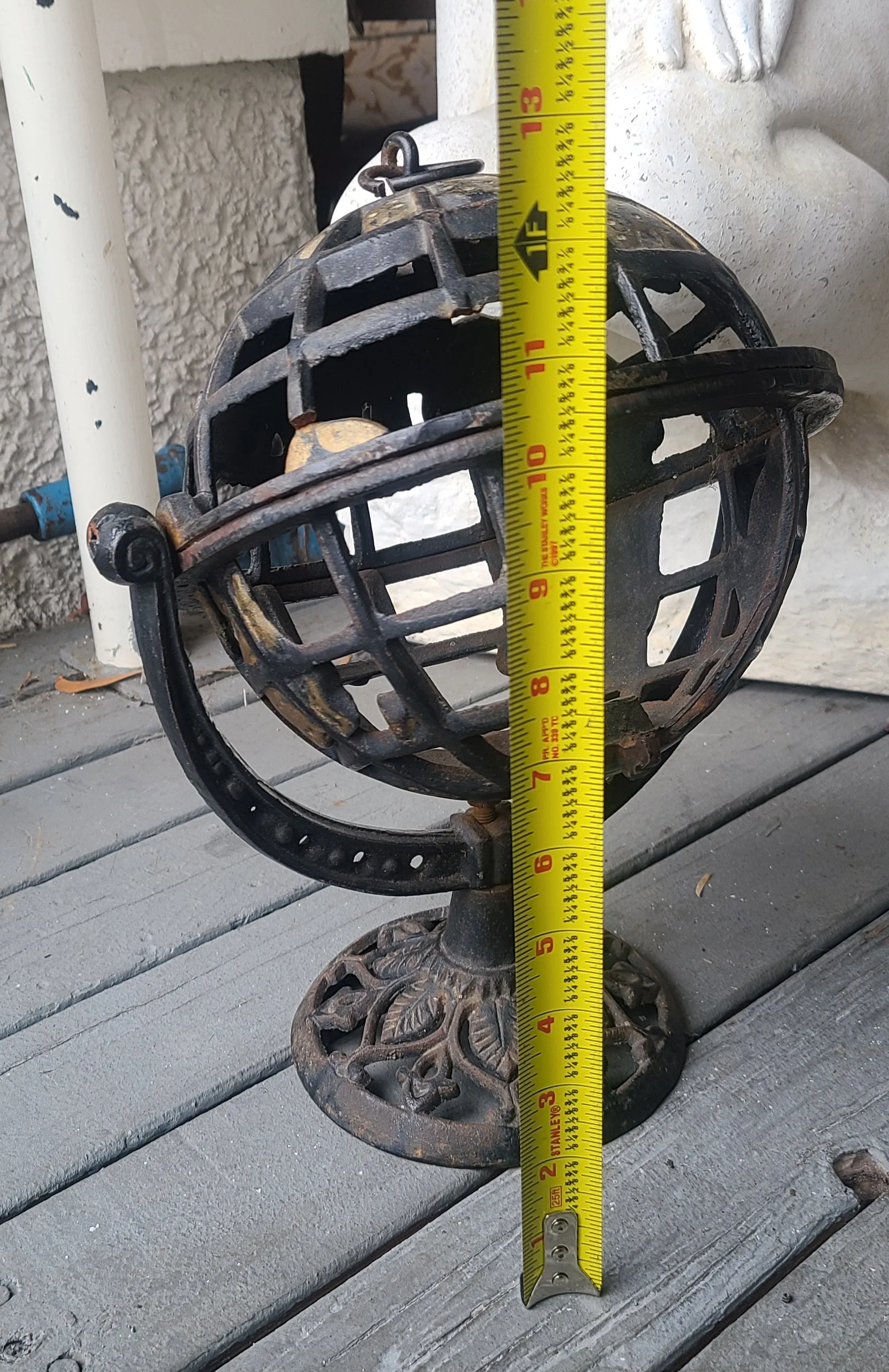 Antique Cast Iron Metal Gold Tone Spinning World Globe Candle Holder Decor Art