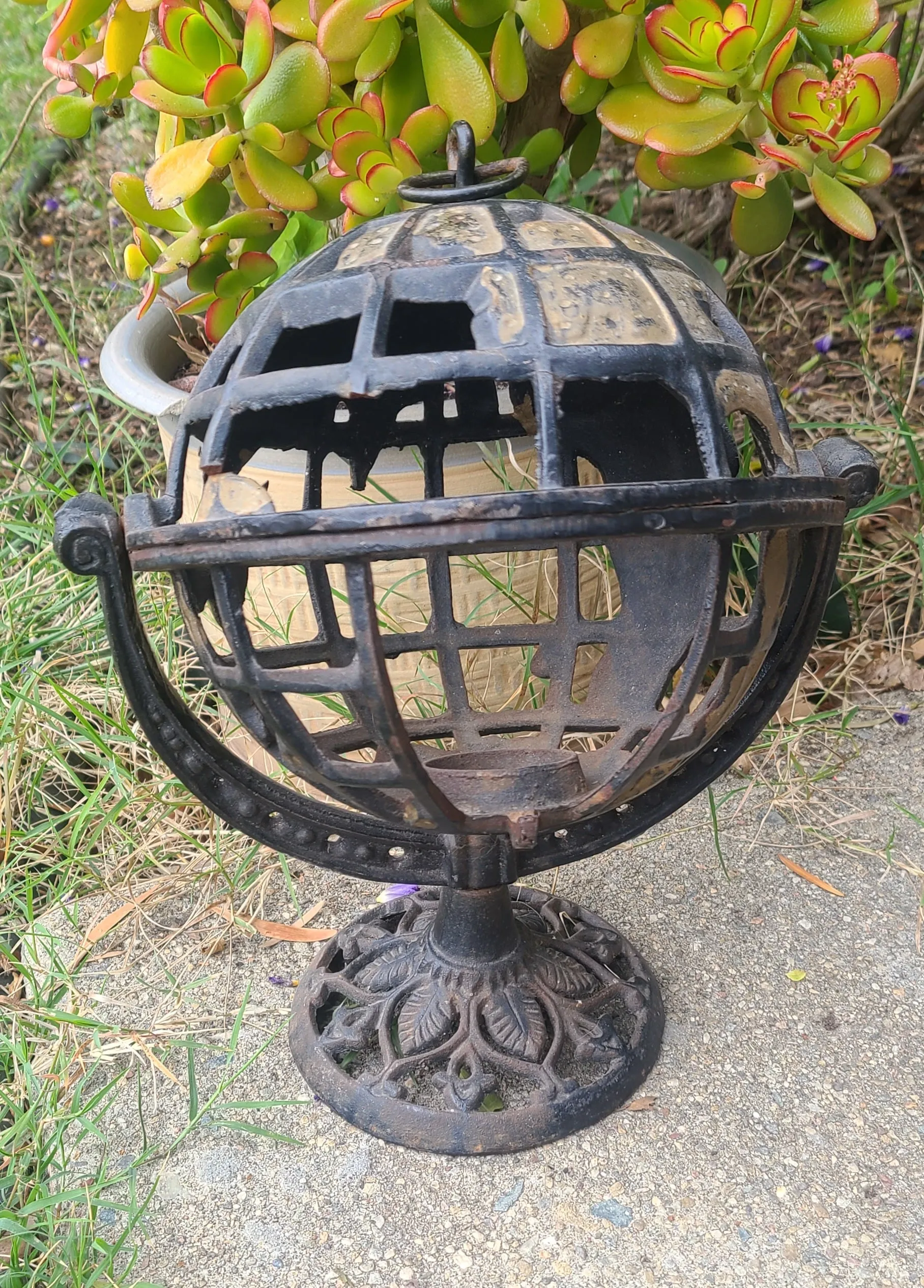 Antique Cast Iron Metal Gold Tone Spinning World Globe Candle Holder Decor Art