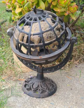 Antique Cast Iron Metal Gold Tone Spinning World Globe Candle Holder Decor Art