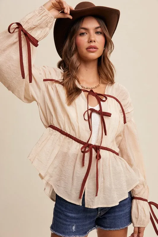 Briar Bow Tie Front Contrast Long Sleeve Blouse Top