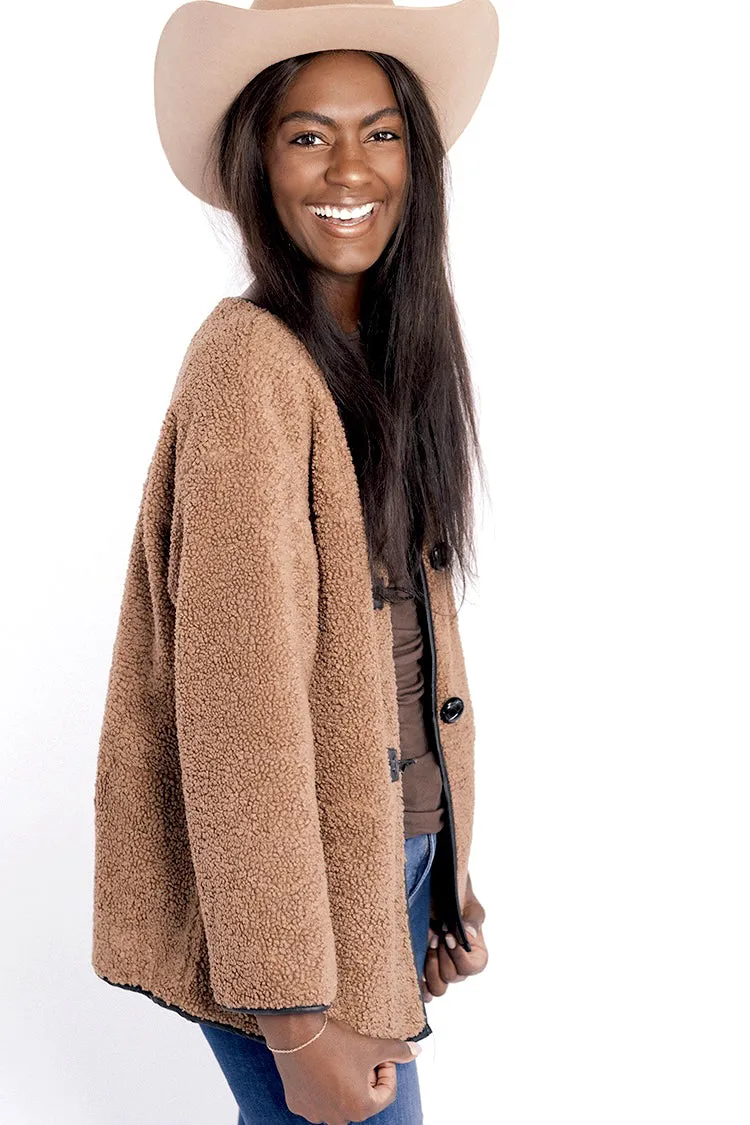 Brown Sherpa Jacket with Leather Button Closures