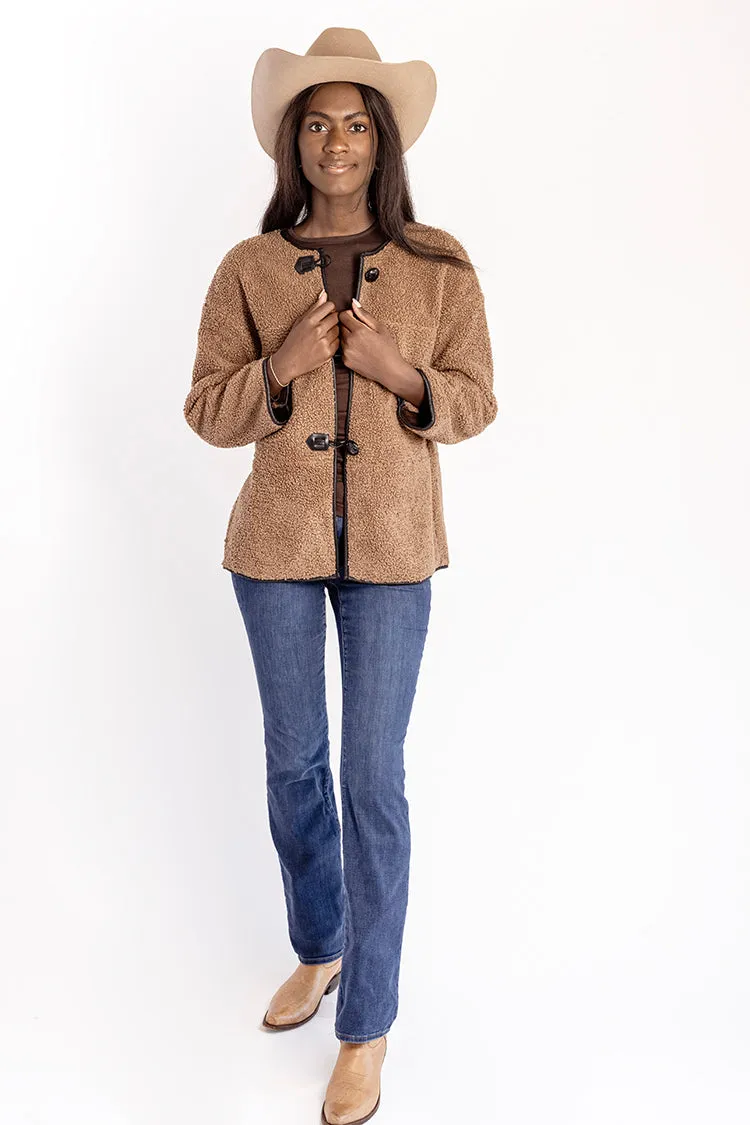 Brown Sherpa Jacket with Leather Button Closures