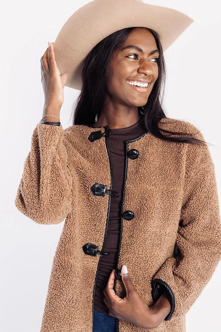 Brown Sherpa Jacket with Leather Button Closures