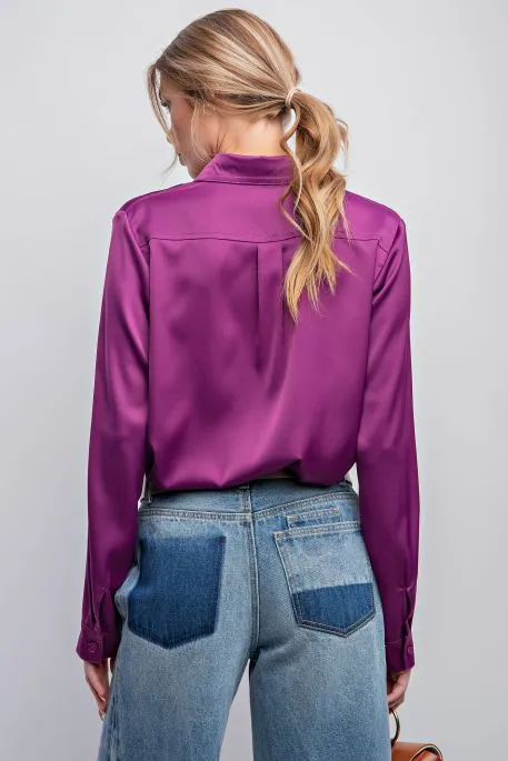 BUTTON DOWN SATIN BLOUSE SHIRT -(2colors)