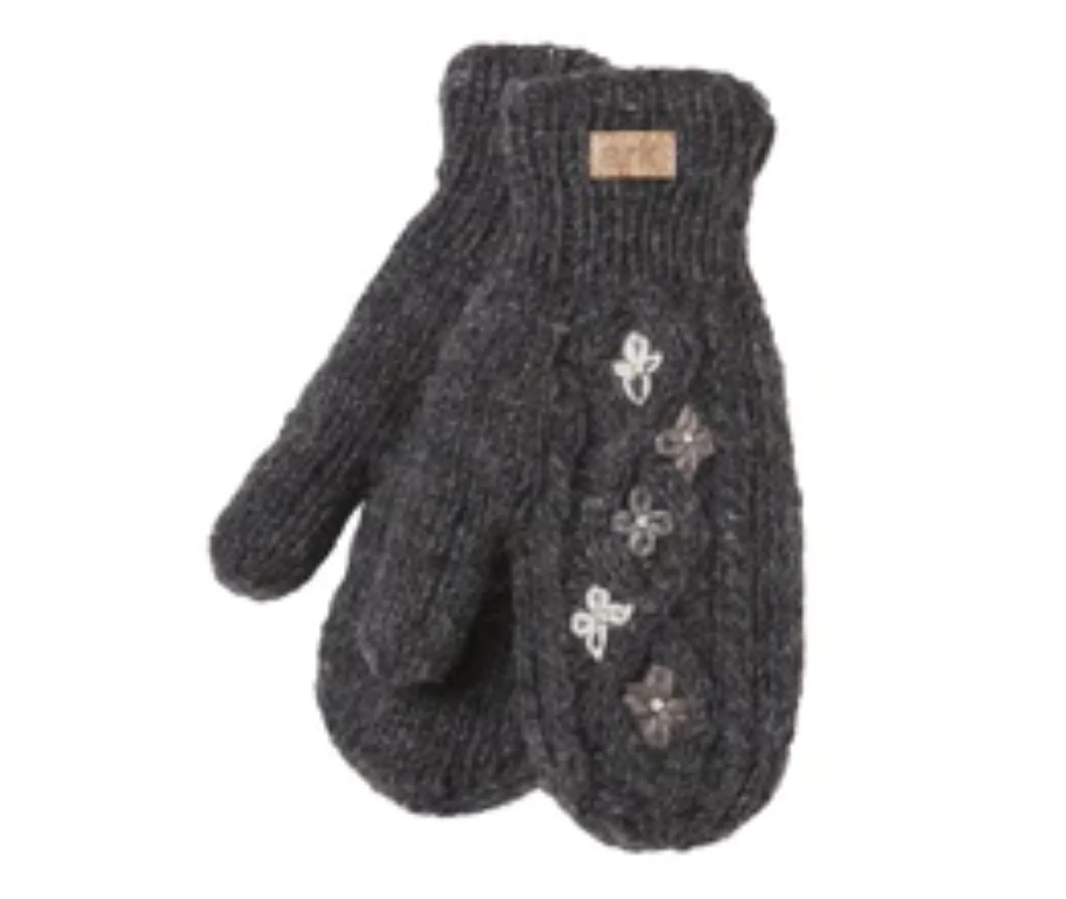 Charcoal Wool Knit Mittens, Cable Knit with Flower Pattern, Fleece Lined