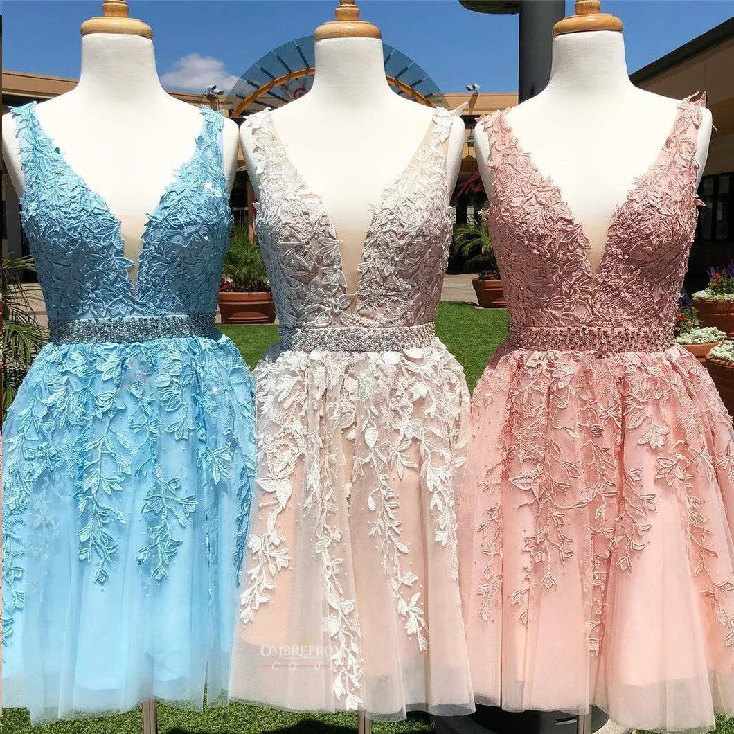 Chic A-line Tulle Applique Short Prom Dress V-back Homecoming Party Dress OM137