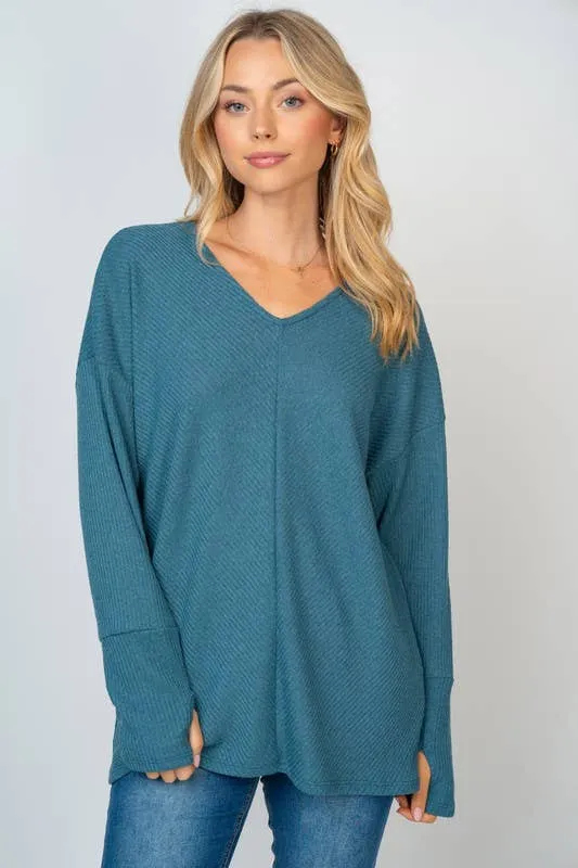 Dusty Teal Long Sleeve Solid Knit Top