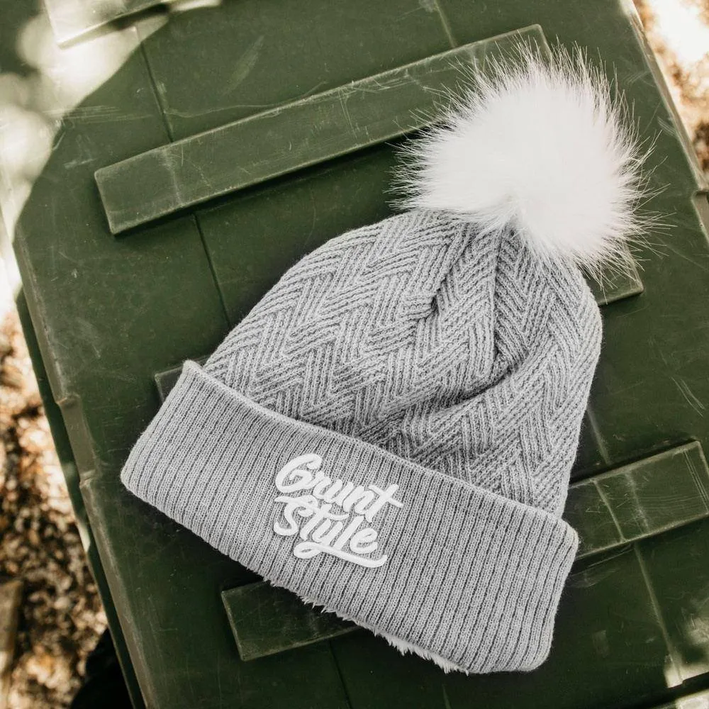 Fleece Lined Pom-Pom Beanie - Light Grey