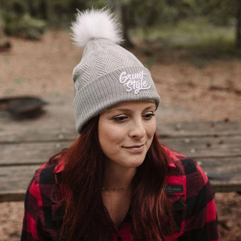 Fleece Lined Pom-Pom Beanie - Light Grey