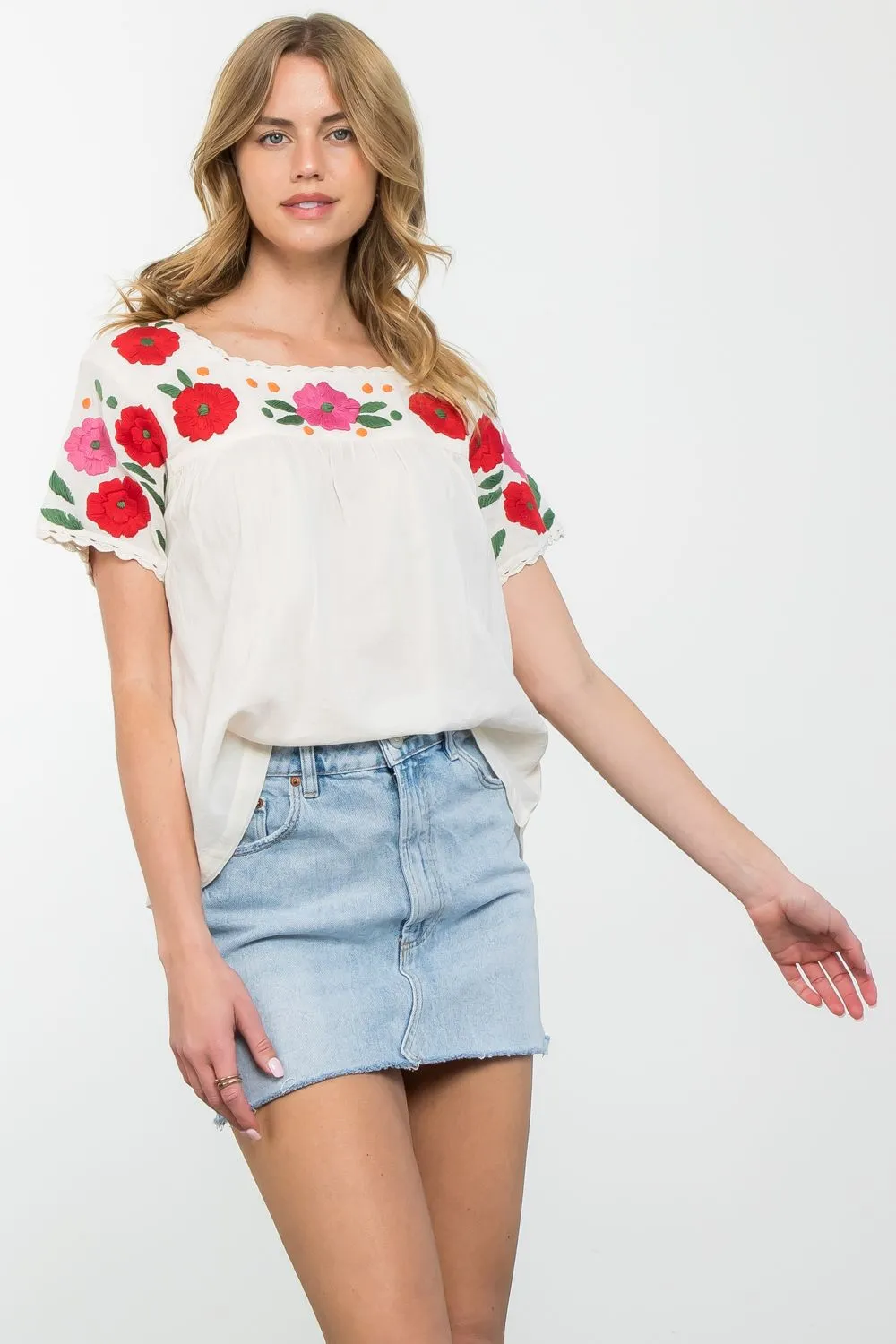 Flower Embroidered Short Sleeve Top