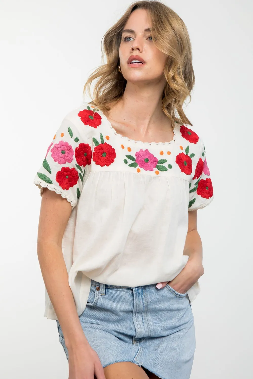 Flower Embroidered Short Sleeve Top