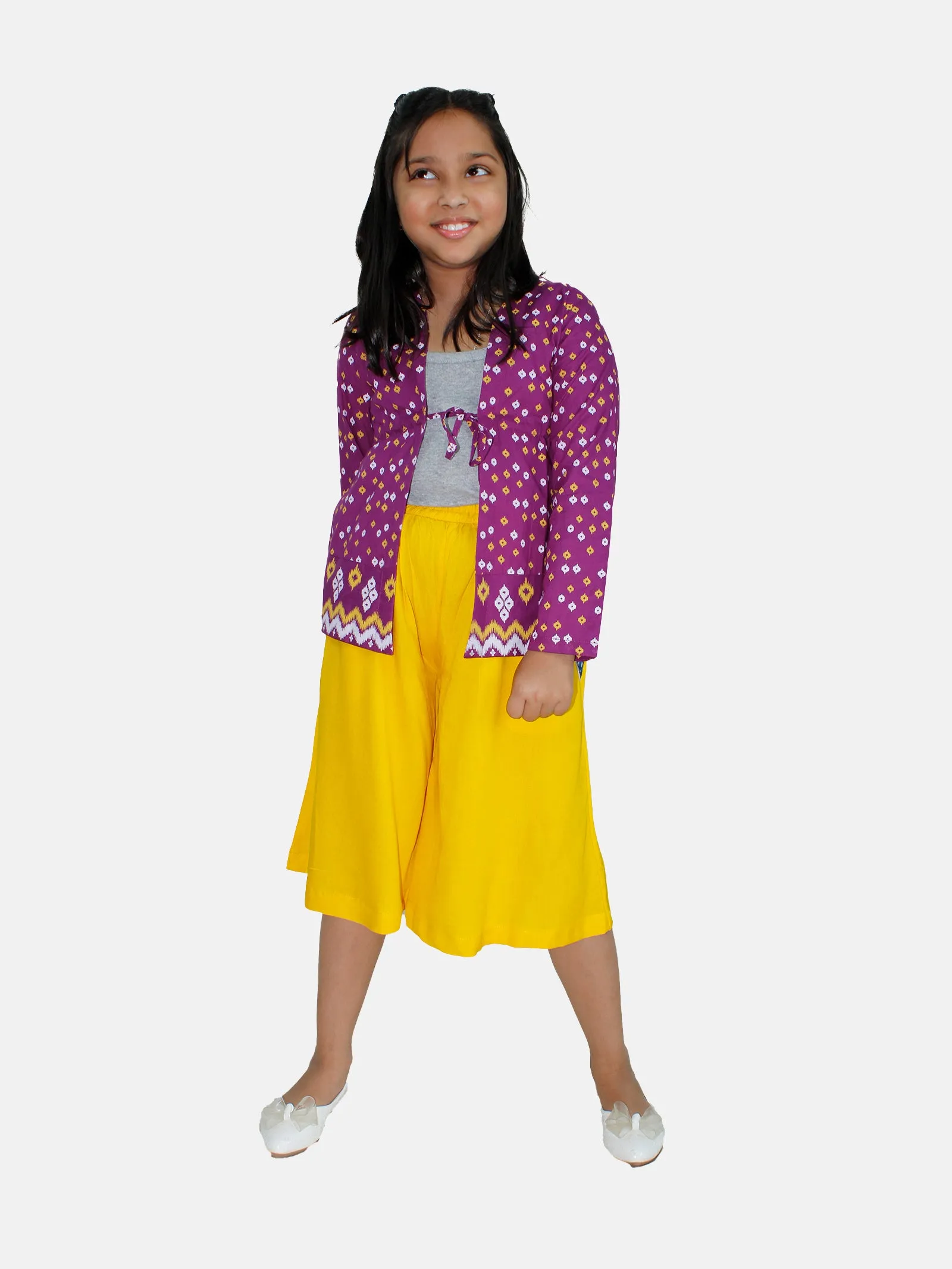 Girls Ethnic Tie up Shrug & Flared Culotte Set