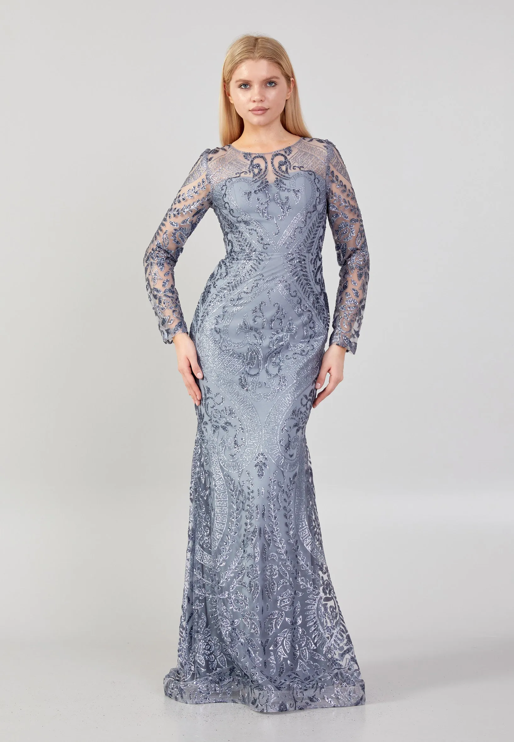 Glitter Long Sleeve Mermaid Dress - Silver