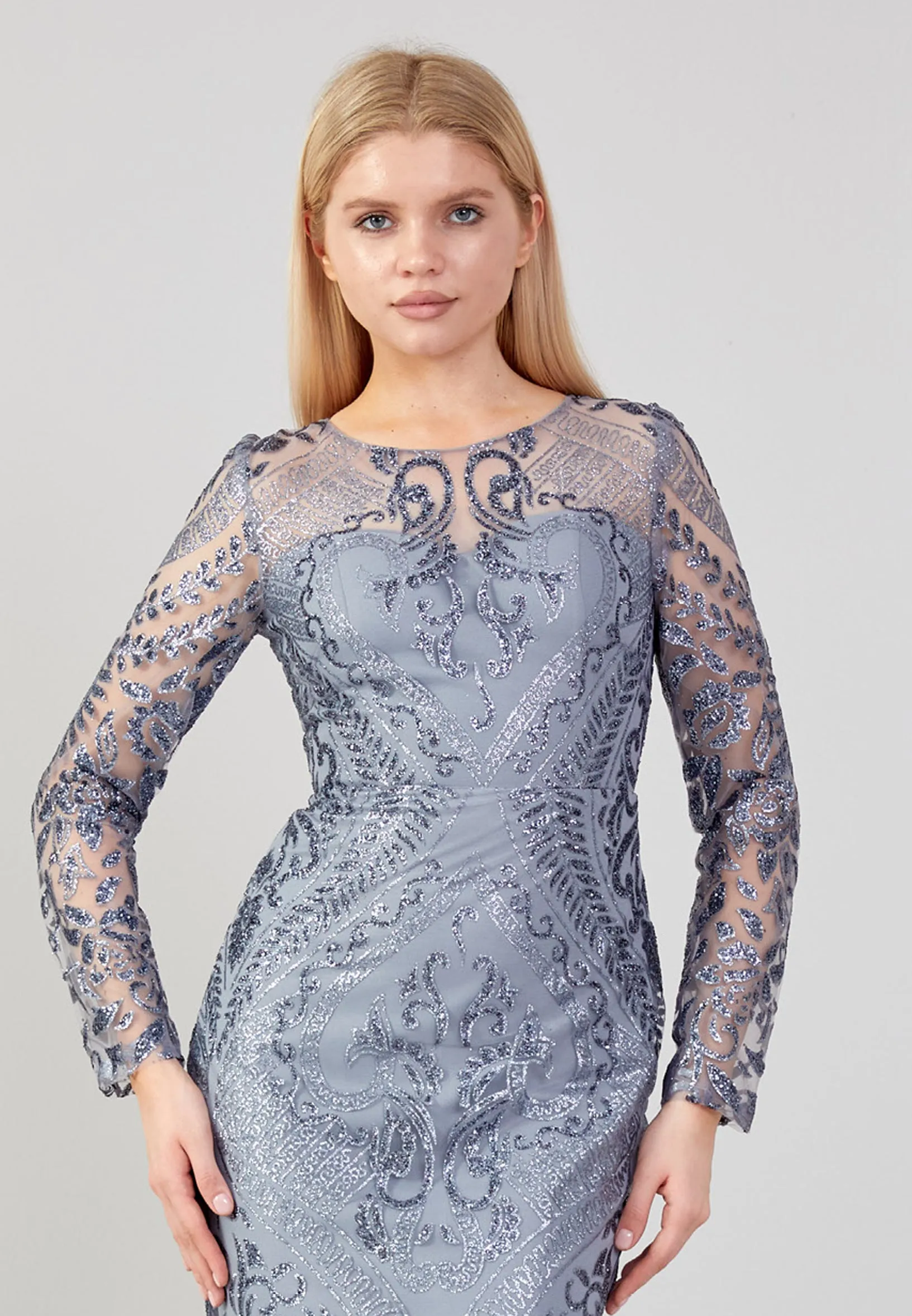 Glitter Long Sleeve Mermaid Dress - Silver