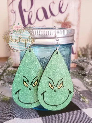 Hardboard Earrings Glitter Grinch Face