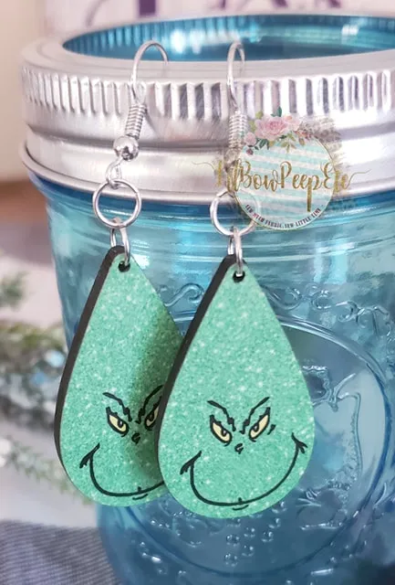 Hardboard Earrings Glitter Grinch Face