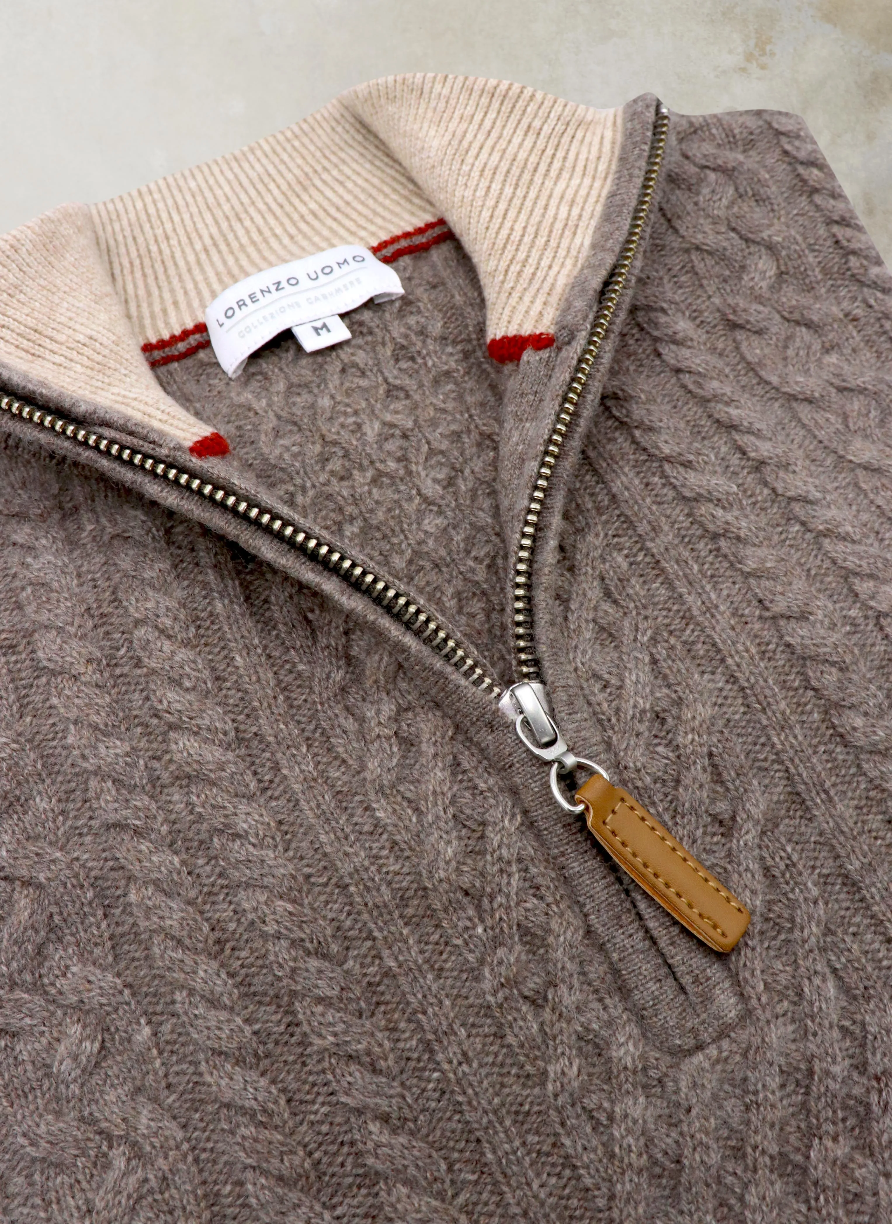 Men's Aalborg Cable Quarter Zip Cashmere Sweater in Light Brown Heather