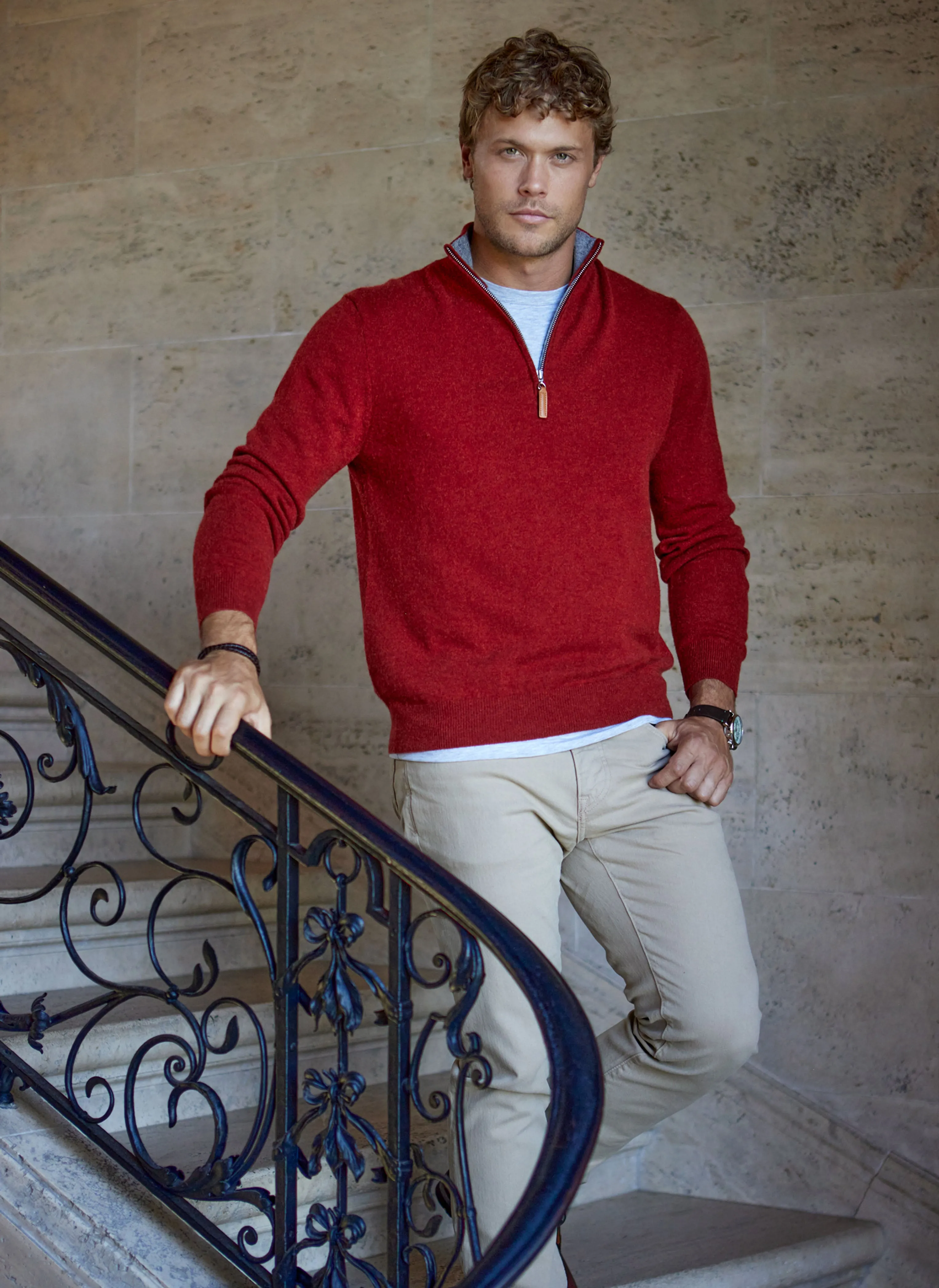 Men's Madison Quarter Zip Cashmere Sweater in Cinna