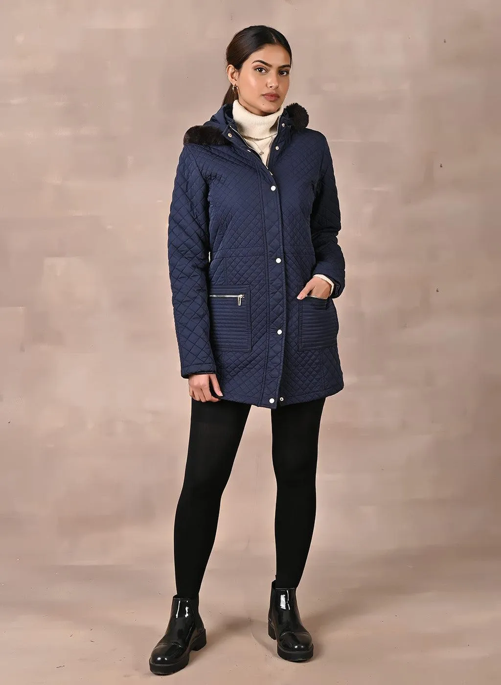 Navy Blue Quilted Jacket with attached Hood