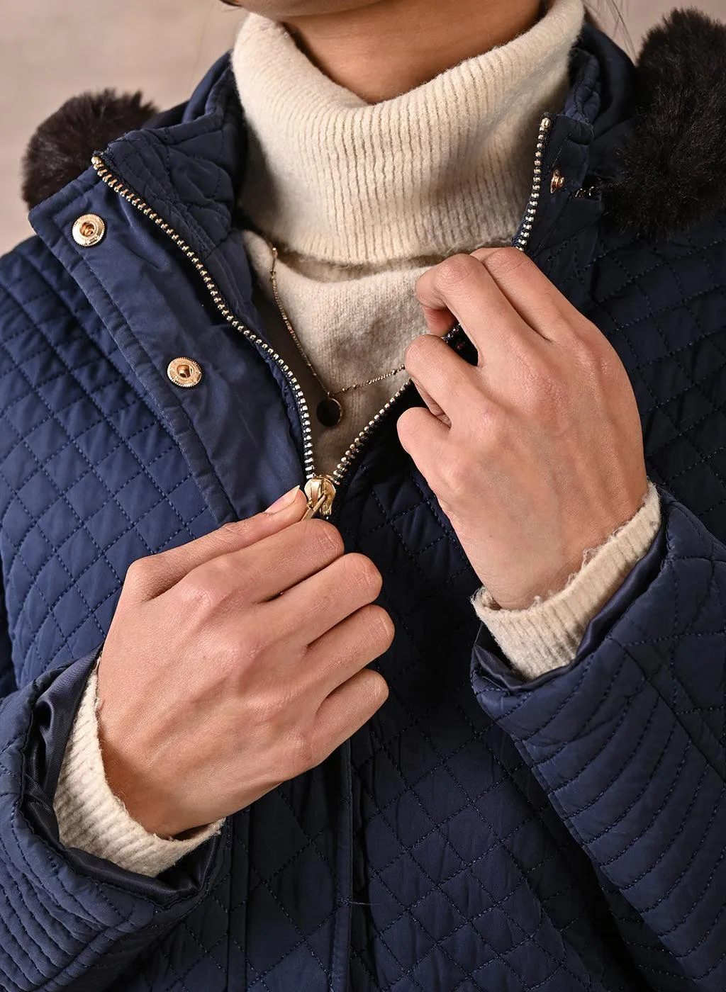 Navy Blue Quilted Jacket with attached Hood