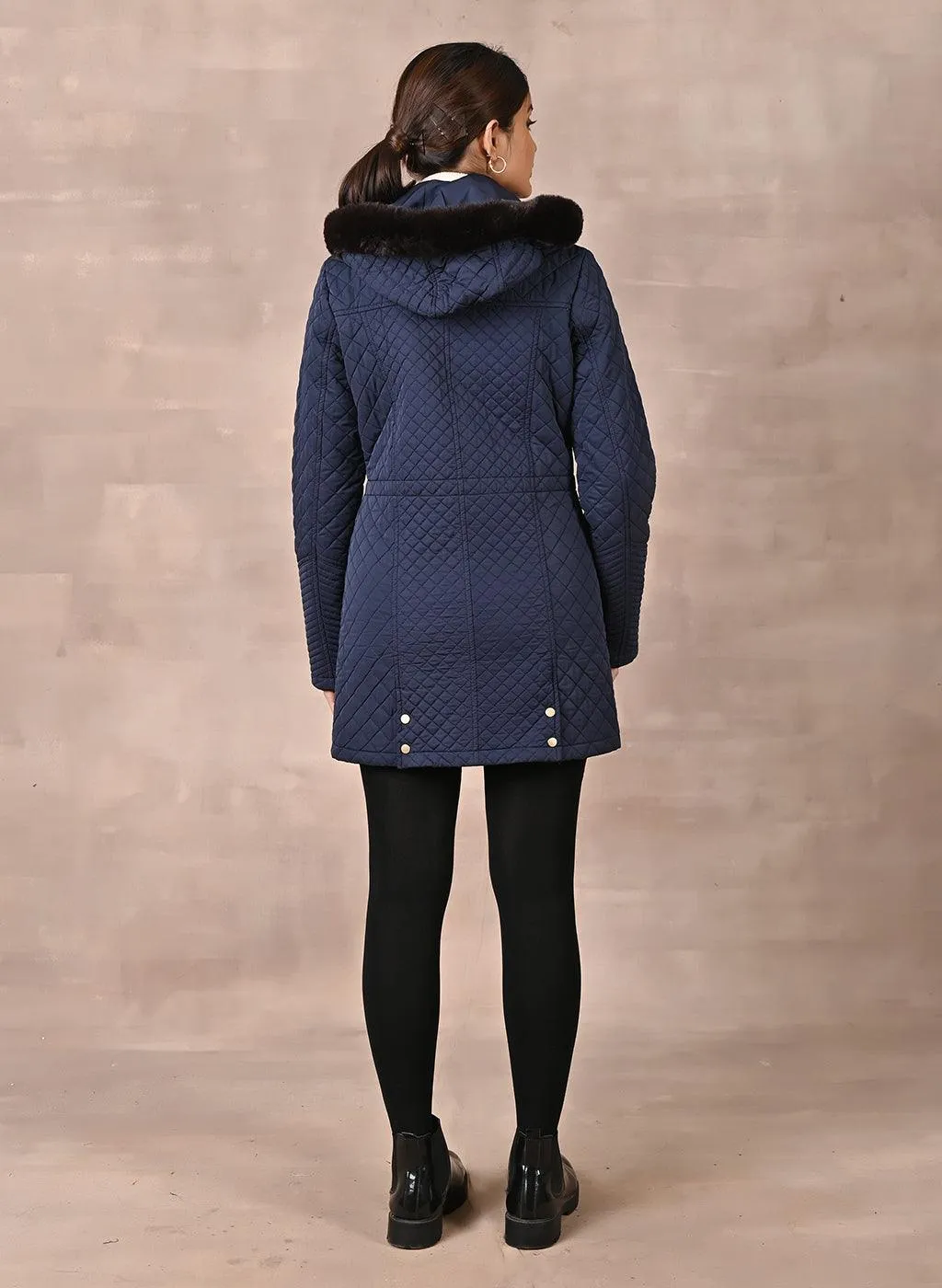 Navy Blue Quilted Jacket with attached Hood