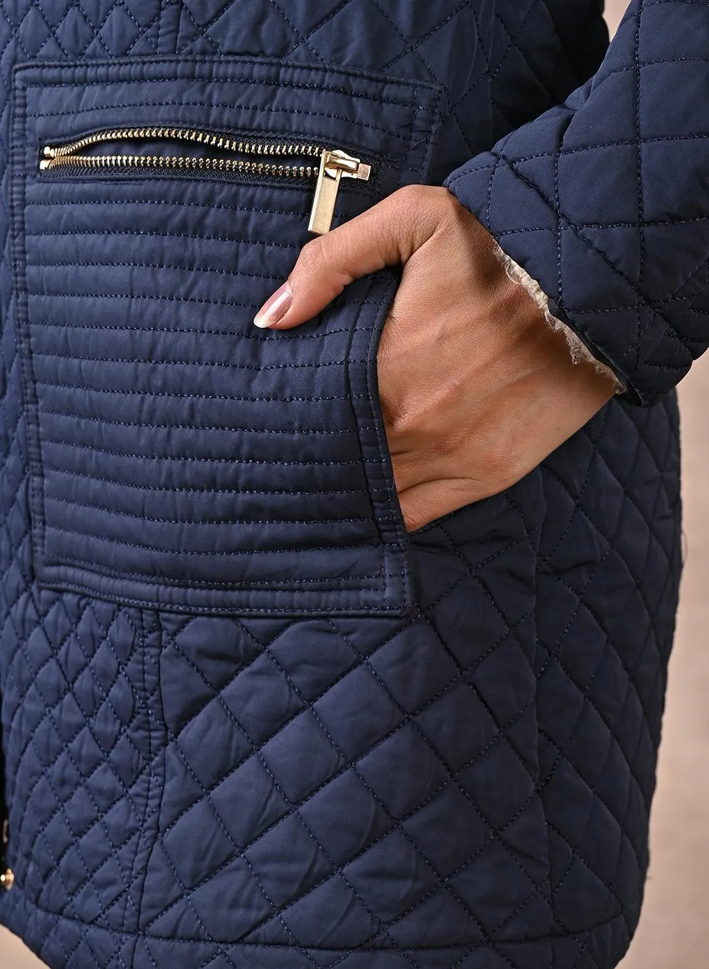 Navy Blue Quilted Jacket with attached Hood