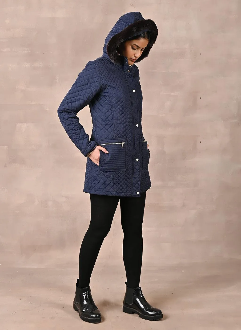 Navy Blue Quilted Jacket with attached Hood