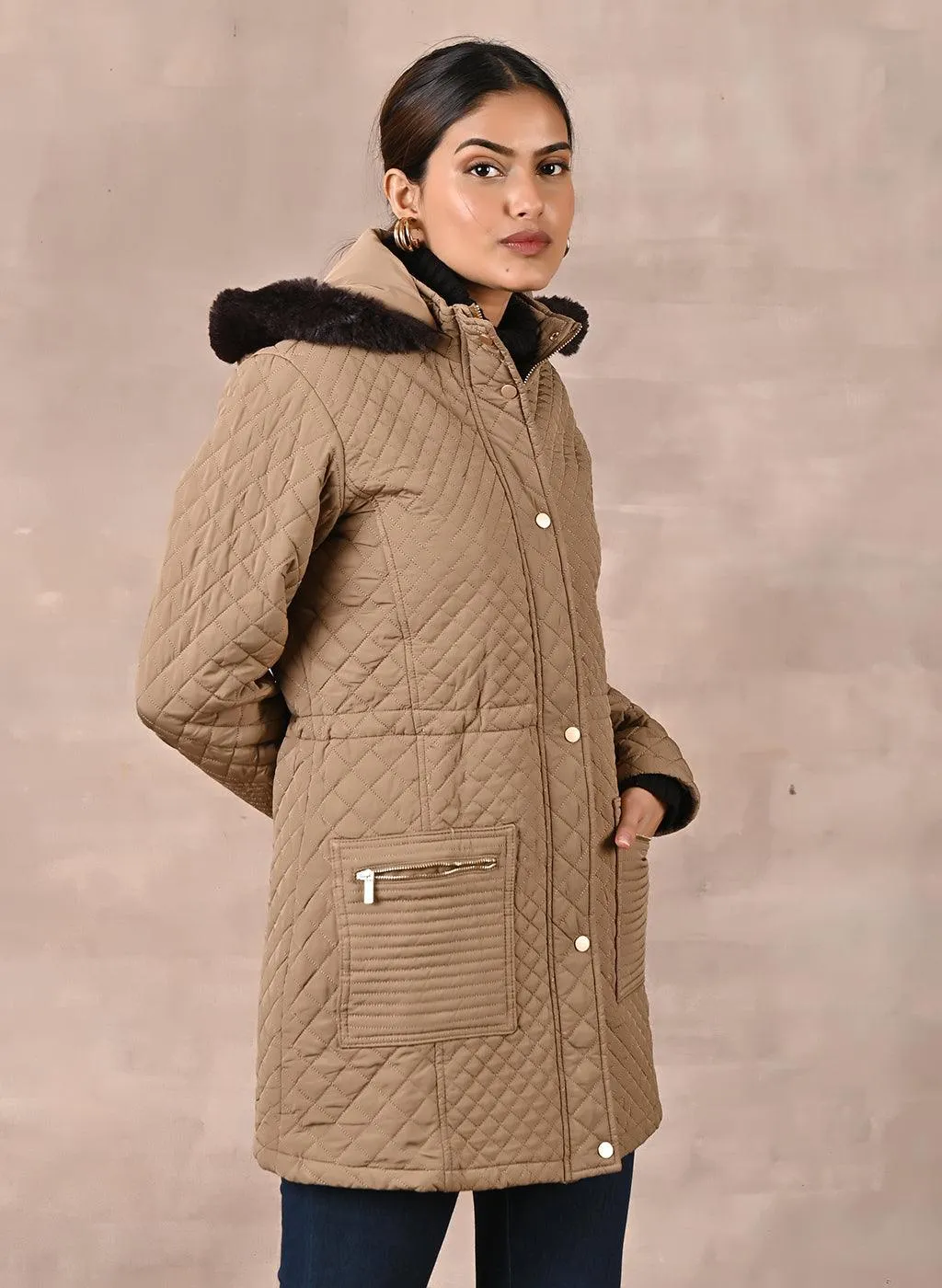 Olive Quilted Jacket with attached Hood (W)