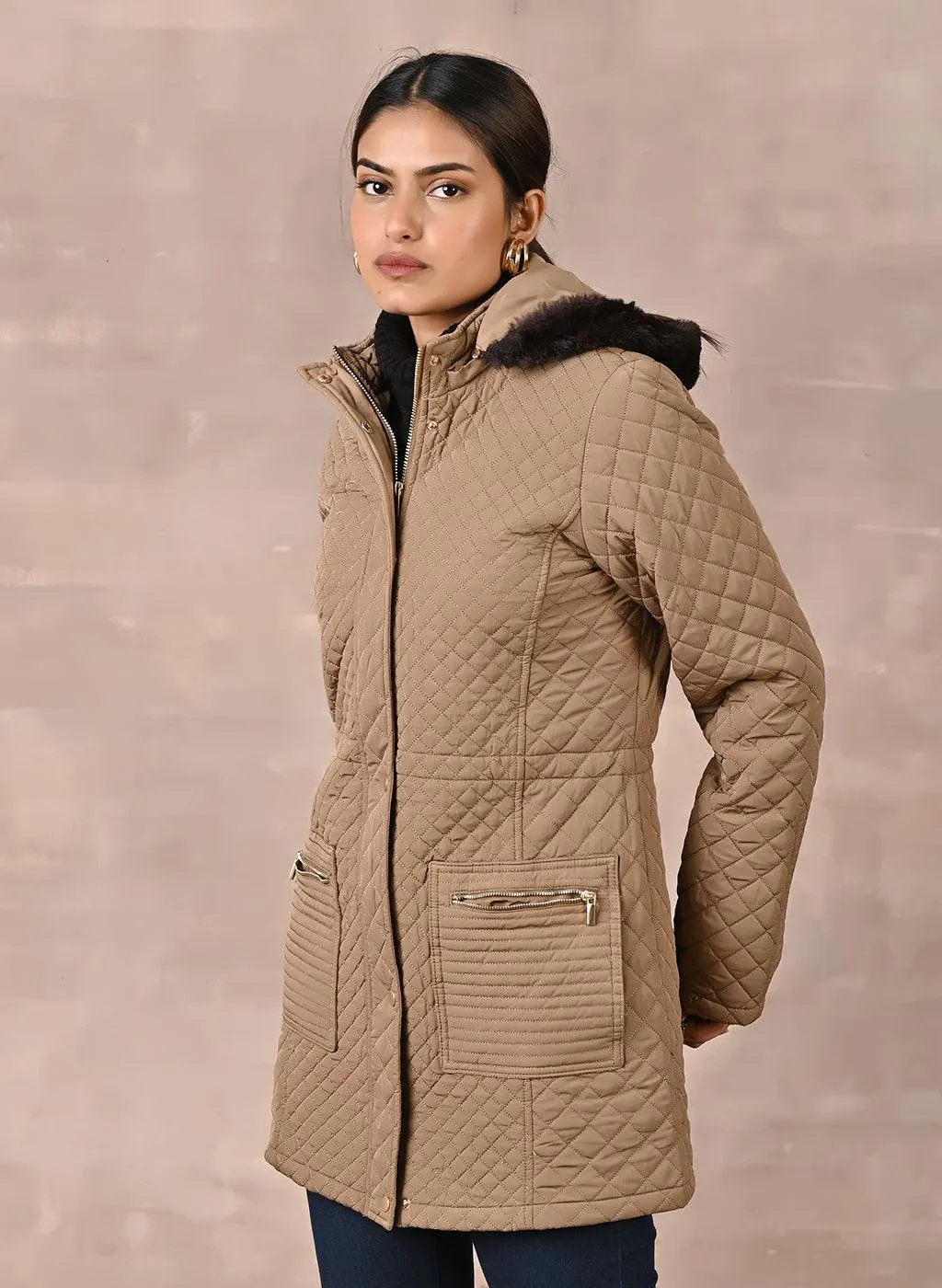 Olive Quilted Jacket with attached Hood (W)