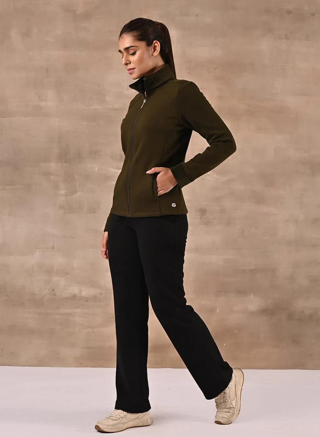 Olive Zip-front High-neck Regular Jacket with Pockets