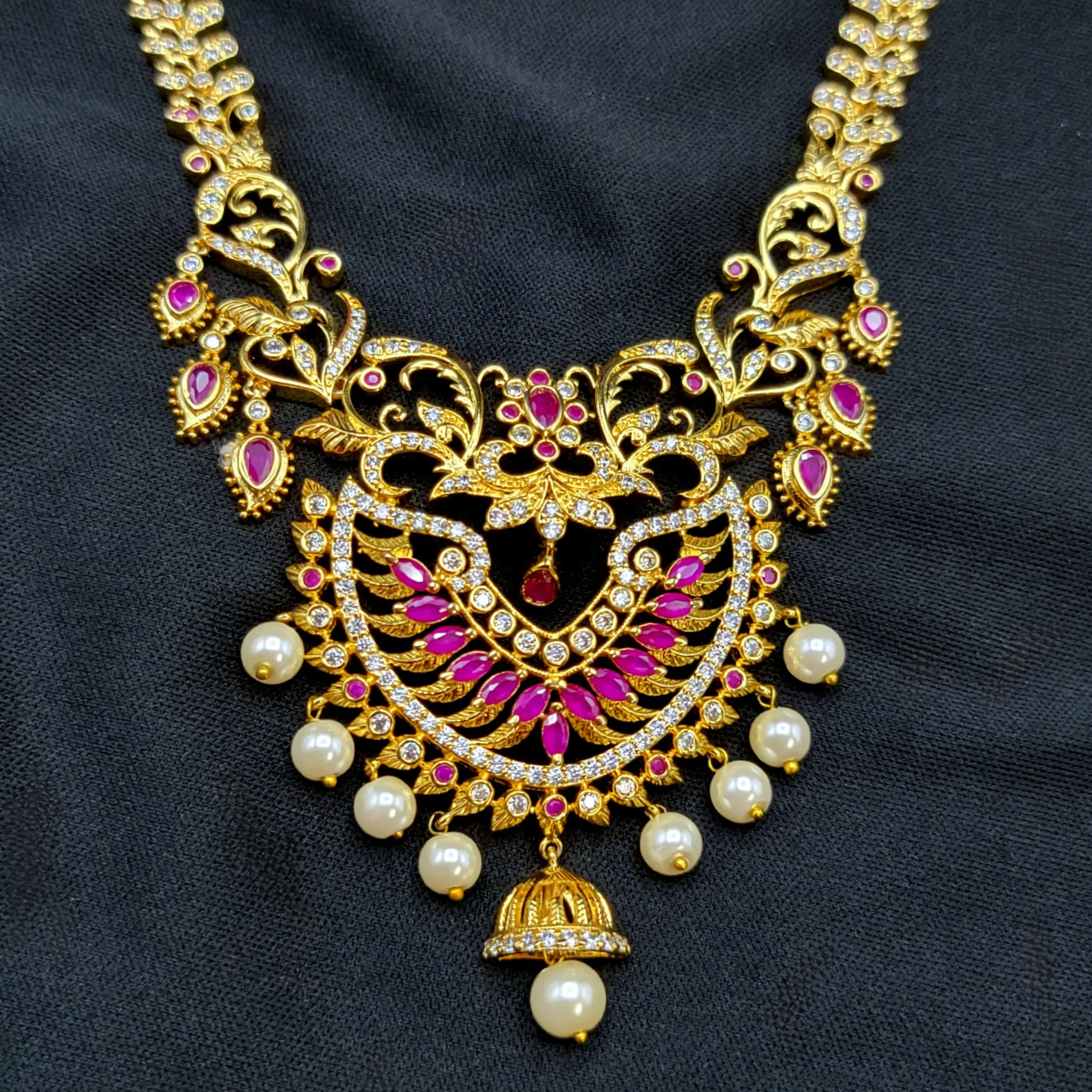 Peacock Ruby White AD Zircon (CZ) Stone Necklace set with Pearls