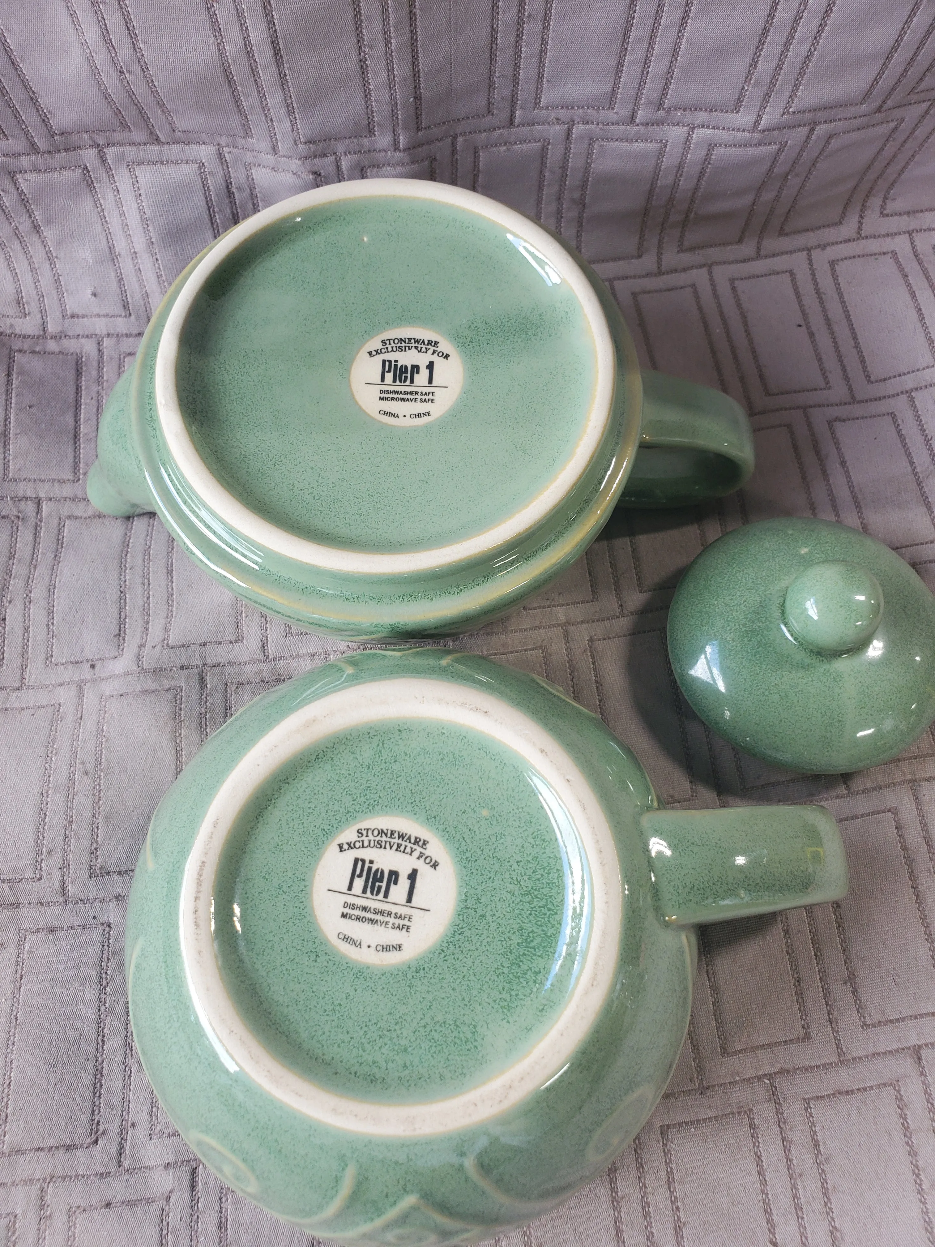 Pier 1 Green Embossed Stoneware Stacking Single Serving Teapot and Teacup Set