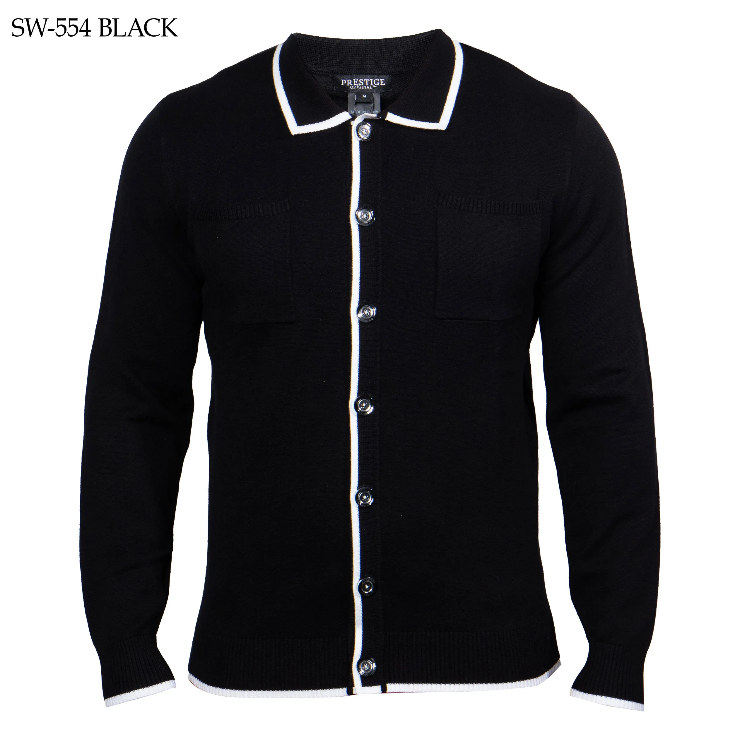 Mens Premium Long Sleeve Polo Sweater - Black | Prestige SW-554