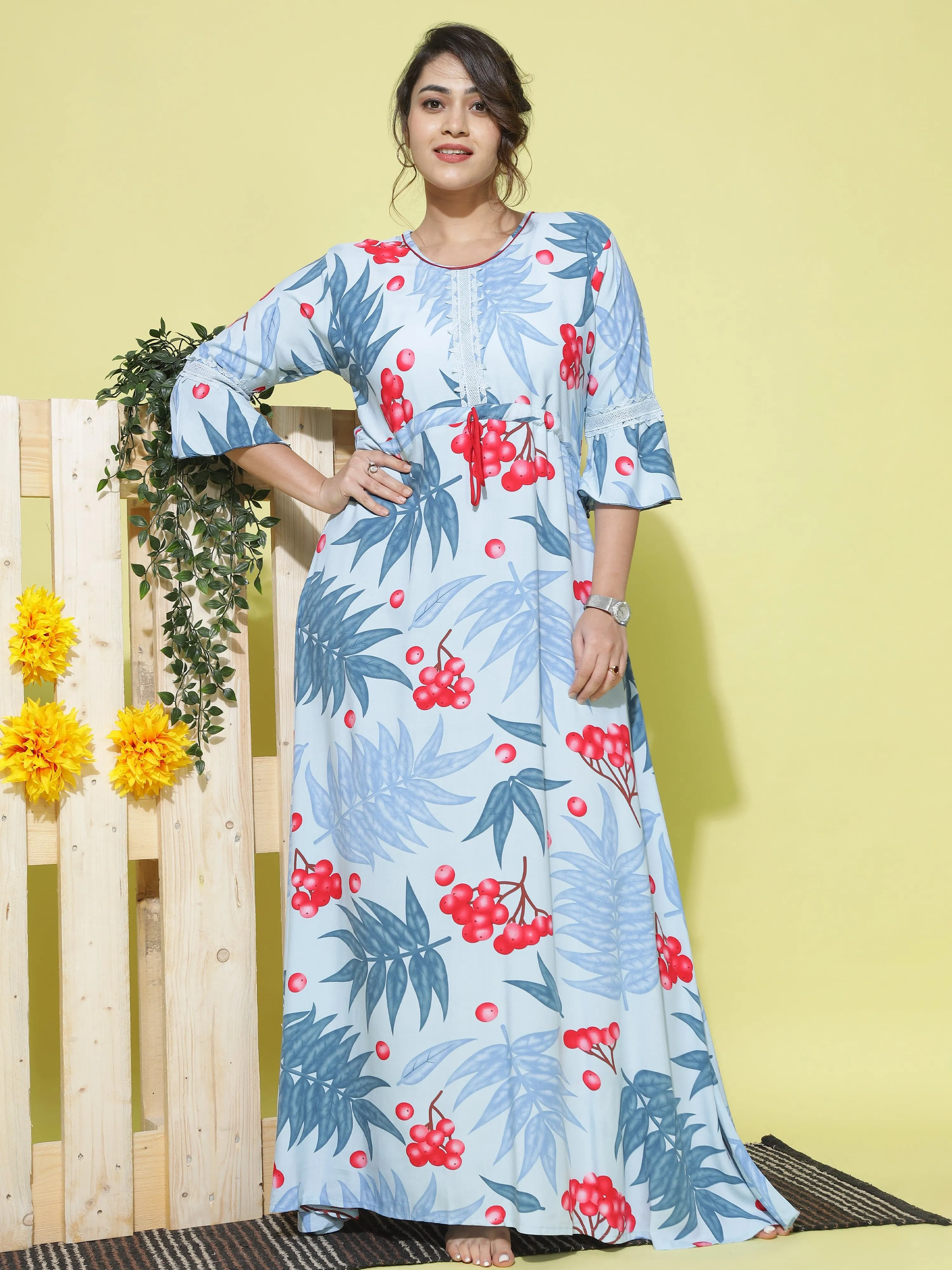 Rayon Designer Nighty Sky Blue