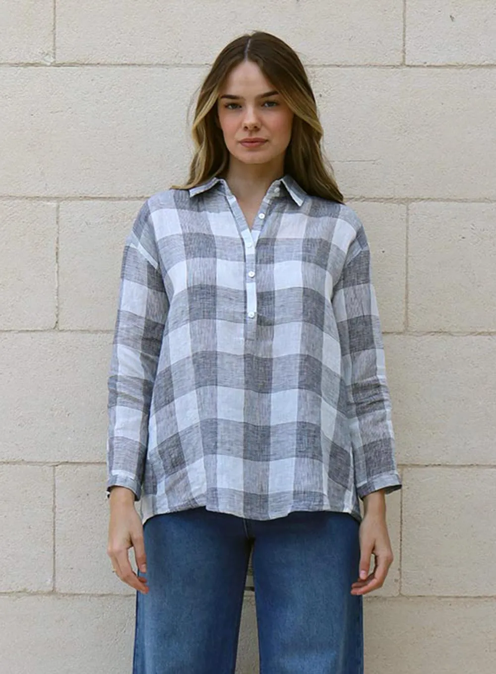 Suzanna Check Linen Shirt-BLUE