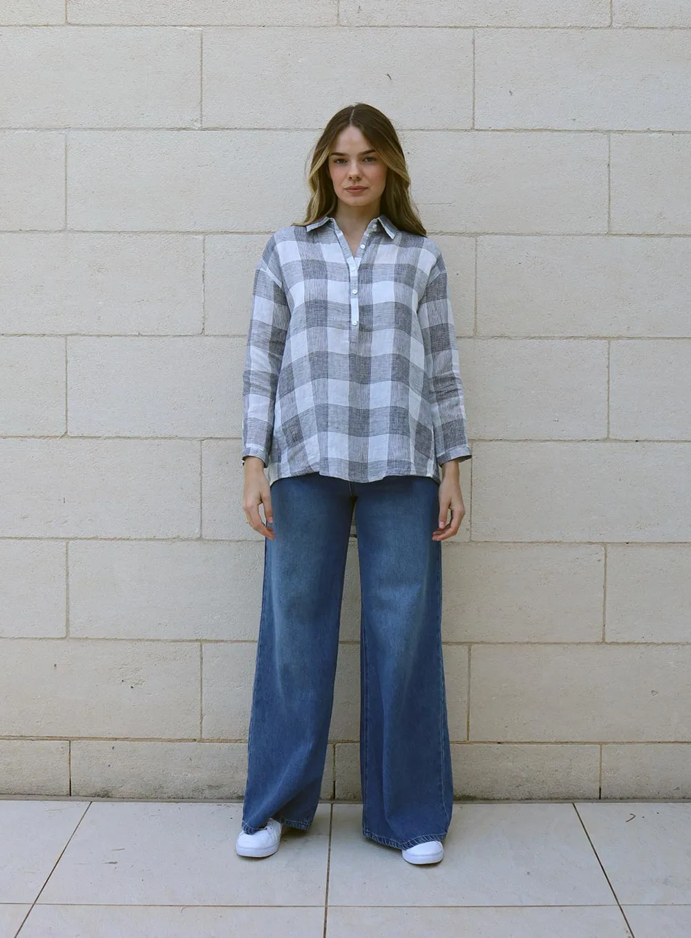 Suzanna Check Linen Shirt-BLUE