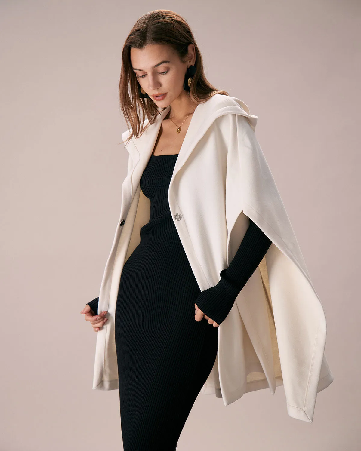 The White Hooded Batwing Sleeve Cape Coat