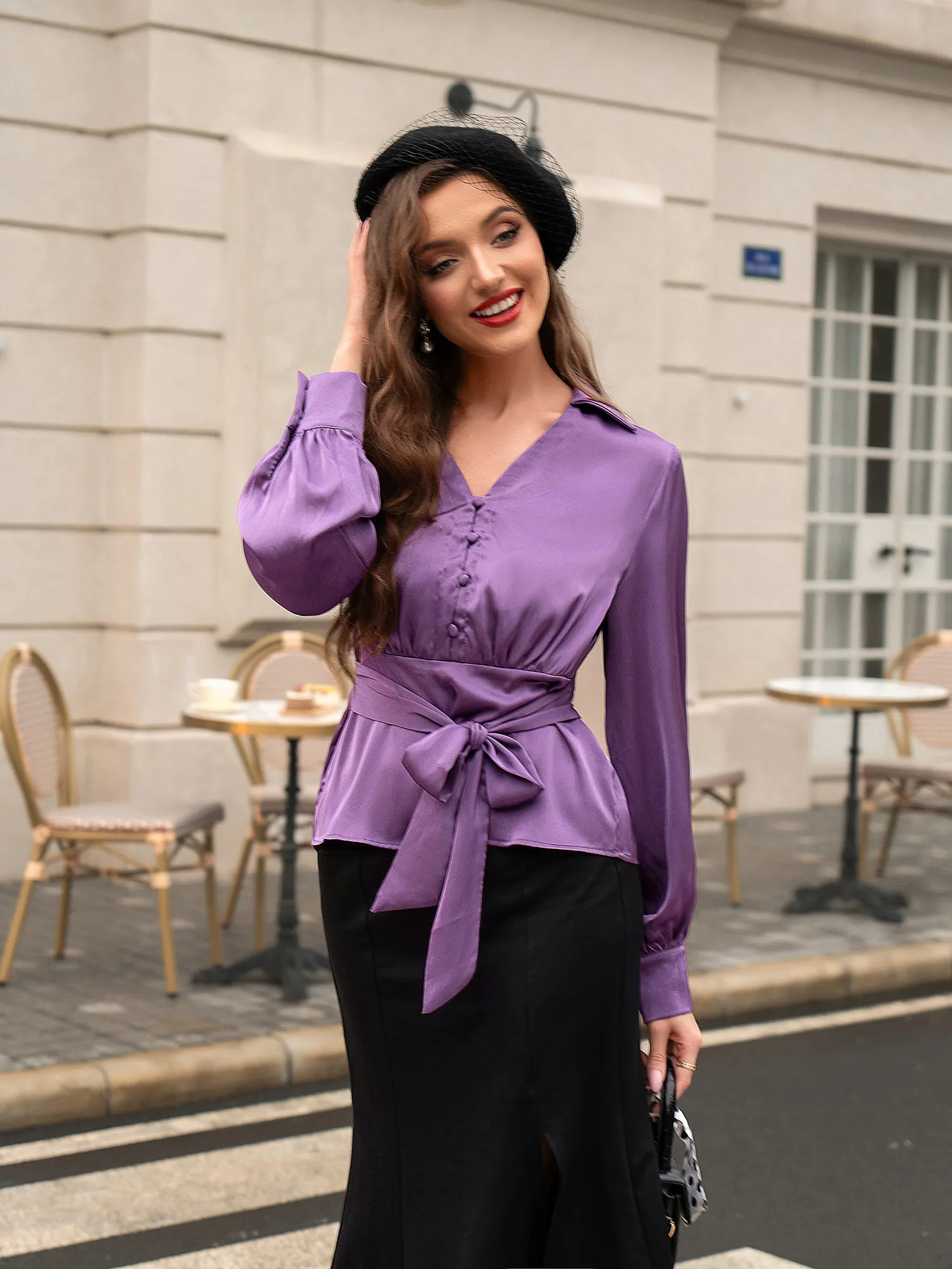 Vintage Elastic Waist Blouse Long Sleeve Lapel V-Neck Pullover Tops