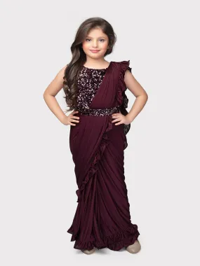 Wine Coloured Top with Sequined Detailing- Stitched Blouse, and Ready-to-Wear. Perfect for Party Occasions, Drape Saree For Girls